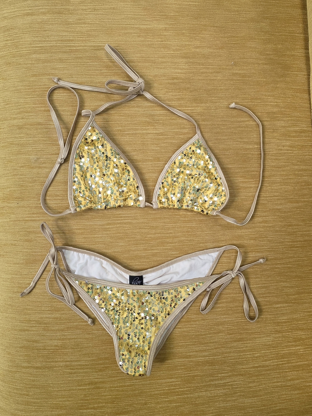 Daisy Beachwear Large Gold Sequin Triangle Bikini with Beige Trim Swim